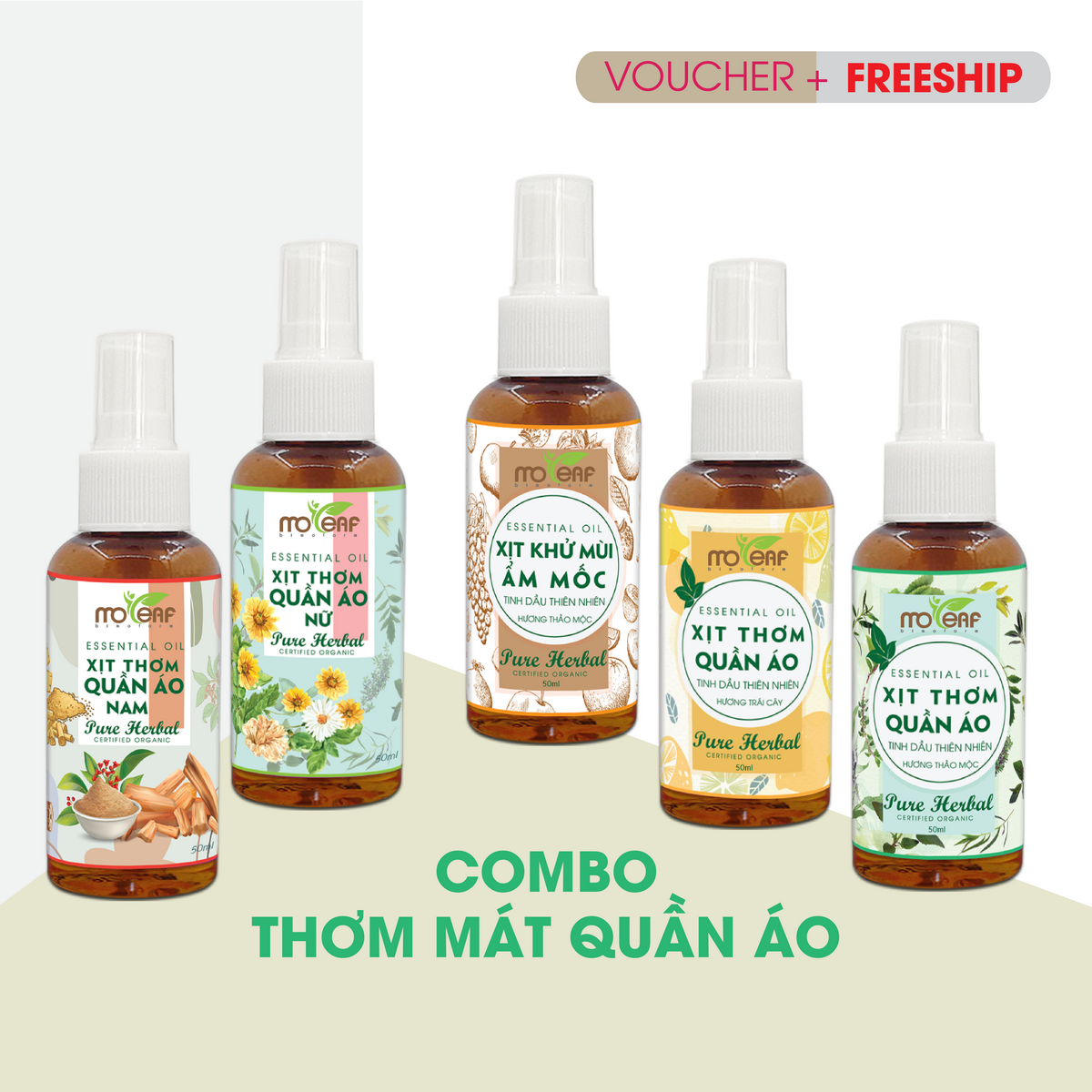 [COMBO 5 CHAI 50ml] XỊT THƠM QUẦN ÁO NAM/NỮ Moleaf Tinh dầu Đàn Hương, Tuyết Tùng, Gỗ Hồng, Sen Trắng, Thảo Mộc, Trái Cây, Khử mùi ẩm mốc, hương thơm nhẹ nhàng thay thế nước xả vải nước hoa