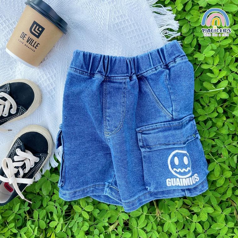 Quần short đùi jeans form rộng Magickids cho bé trai size đại 34kg túi in mặt cười Quần áo trẻ em đi học đi chơi QĐ22014