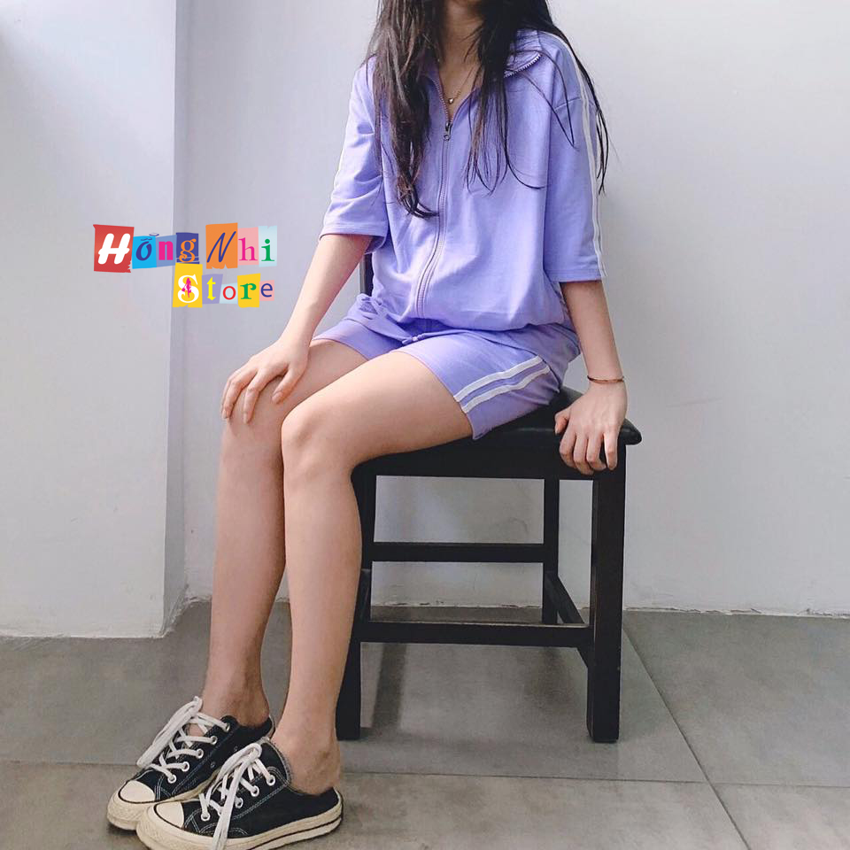Set Bộ Thể Thao Unisex Áo Khoác Tay Ngắn Quần Lửng Màu Tím Cao Cấp- MM