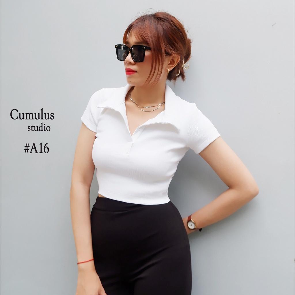 Áo croptop sơ mi tay ngắn Cumulus chất thun gân dày dặn A16