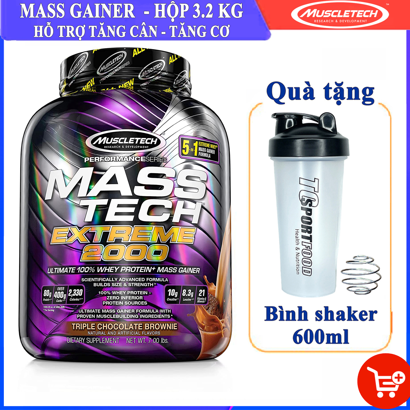 Combo Sữa tăng cân tăng cơ MASS TECH EXTREME 2000 của MuscleTech hương Chocolate hộp 3.18kg hỗ trợ tăng cân tăng cơ nhanh cho người gầy kén ăn, khó hấp thu, khó tăng cân &amp; Bình lắc 600 ml (Màu Ngẫu Nhiên)