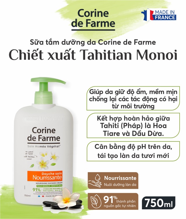 [ Tặng tẩy da chết Cafe 200ml ] Sữa tắm dưỡng da Corine de Farme tinh chất Tahitian Monoi 750ML