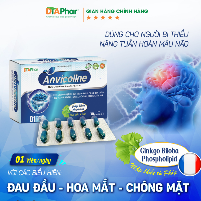 Viên uống hoạt huyết dưỡng não Anvicoline Hỗ trợ giảm hoa mắt chóng mặt đau đầu hạn chế nguy cơ di chứng sau tai biến Hộp 30 viên Tâm An Pharma