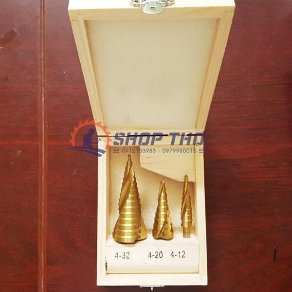 Bộ 3 mũi khoan tháp hộp gỗ - chuôi lục - me xoắn