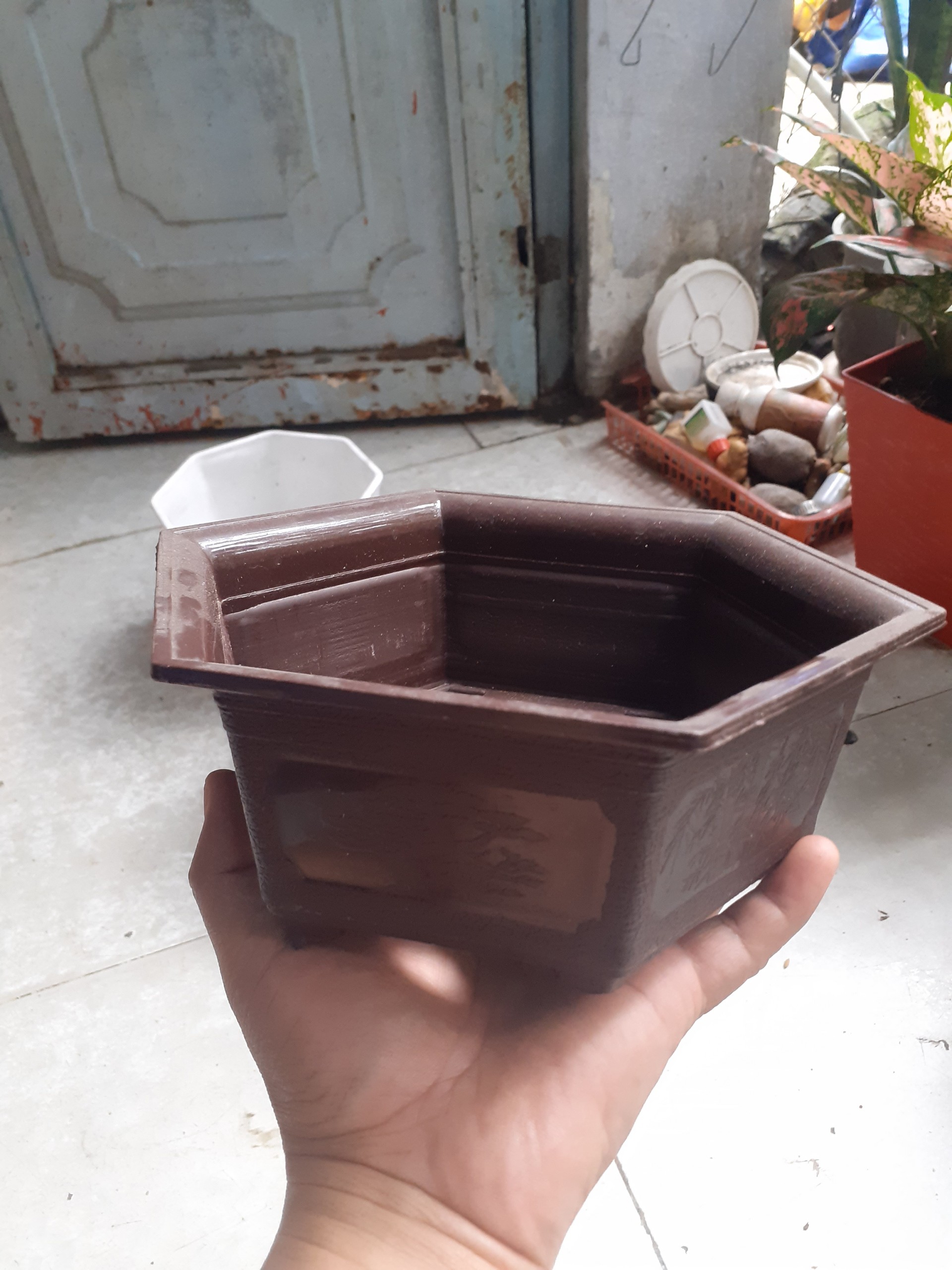 1 cặp chậu nhựa lục giác bonsai mini màu nâu đất.