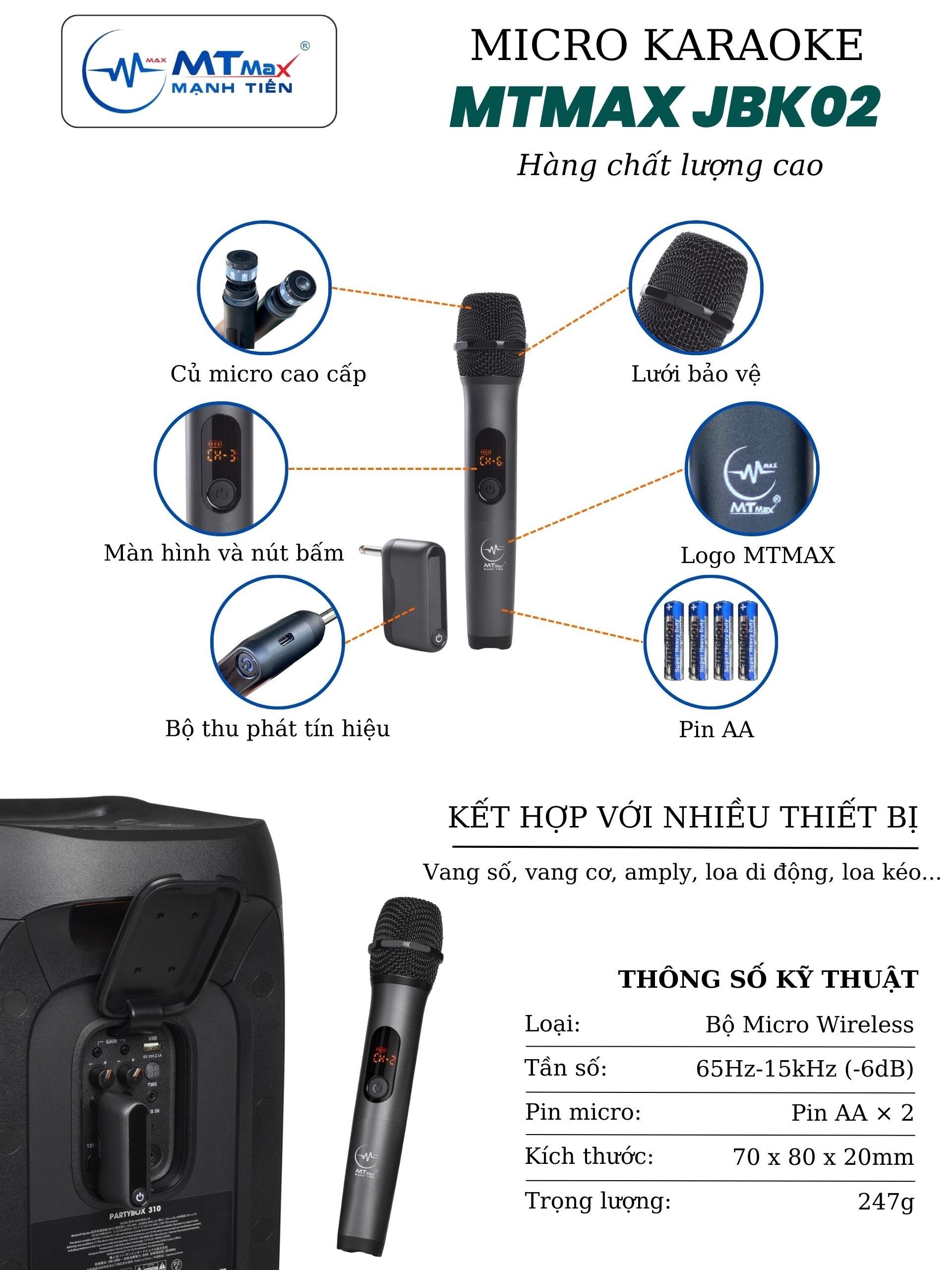 Micro Không Dây MTMAX JBK02 WIRELESS Chính Hãng, Chất Âm Ngọt Ngào Bay Bổng, Độ Nhạy Cao, Bắt Âm Cực Chuẩn, Chống Hú Rít, Hỗ Trợ Giọng Hát Tối Đa, Dễ Dàng Phối Ghép Với Nhiều Thiết Bị hàng chính hãng