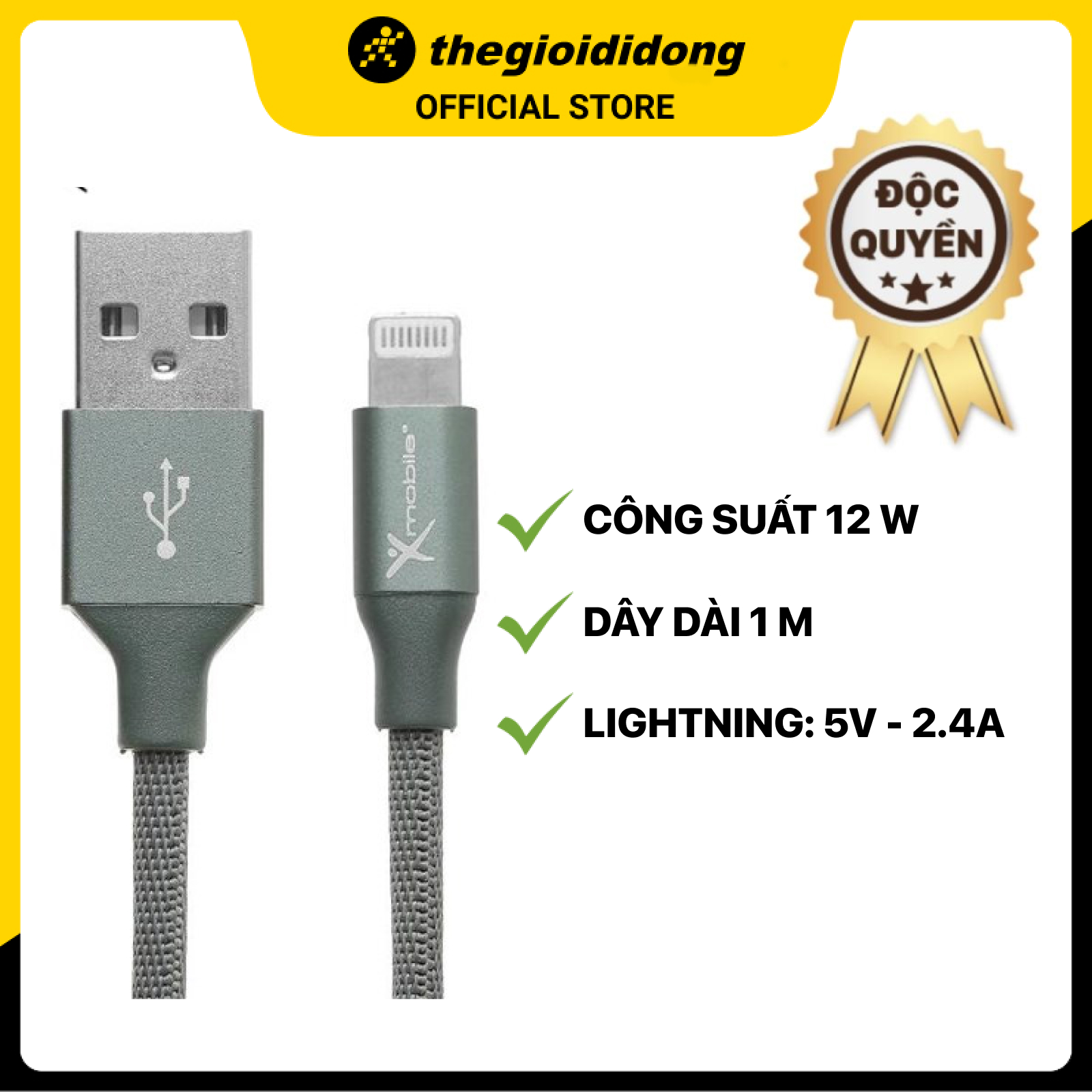 Cáp Light-ning 1m Xmobile LTL-01X Xanh rêu - Hàng chính hãng