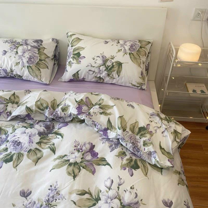 Bộ Gra Nệm Cotton Lụa Hàn Quốc Cao Cấp 5 món hoạ tiết hoa lá chất liệu mềm mát 1m2 1m4 1m6 1m8x2m