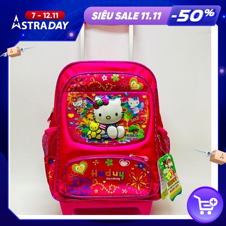 Ba lô cần kéo đi học cho bé gái cấp 1 hình Kitty - Huduy