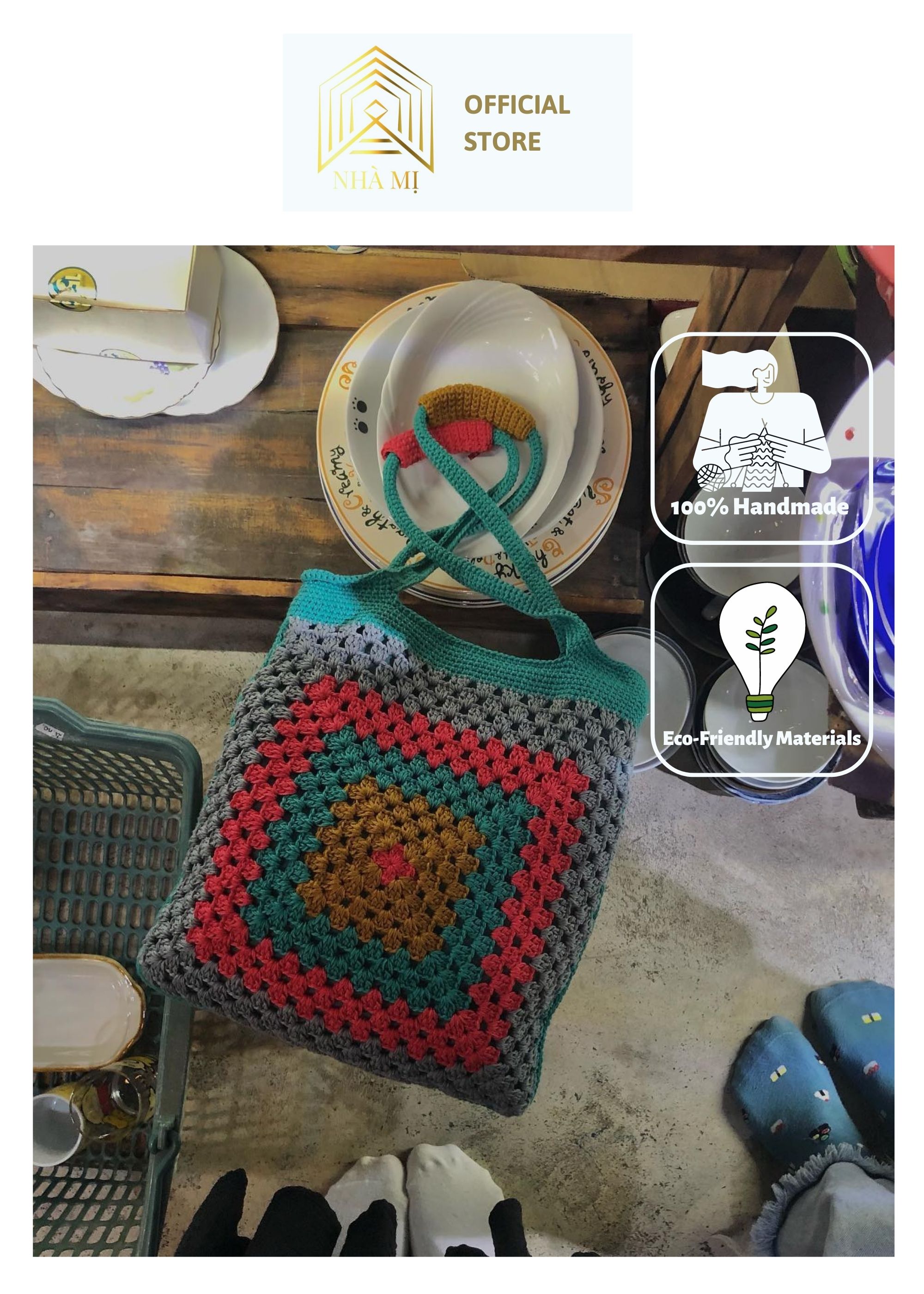 NHÀ MỊ - Túi handmade Len Đan Móc Thủ Công - Floral Gingham Crochet Bag