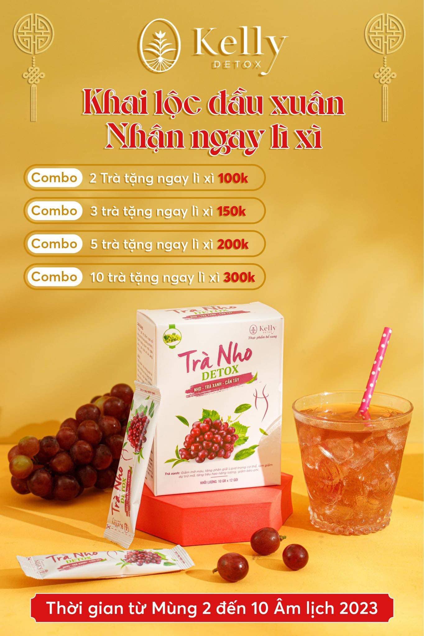 Trà Nho Detox Kelly Mẫu Mới 12gói kèm 1 gói Detox Rau Củ Hỗ Trợ Giảm Cân - An Toàn , Hiệu Quả
