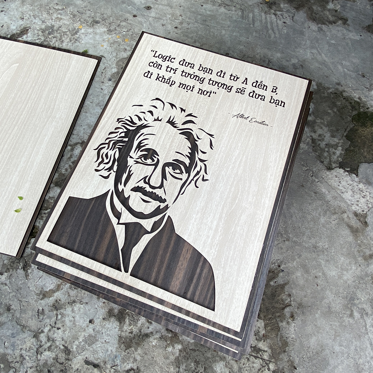 Tranh tạo động lực bằng Gỗ TBIG044 &quot;Albert Einstein: logic đưa bạn đi từ a đến b còn trí tưởng tượng sẽ đưa bạn đi khắp mọi nơi