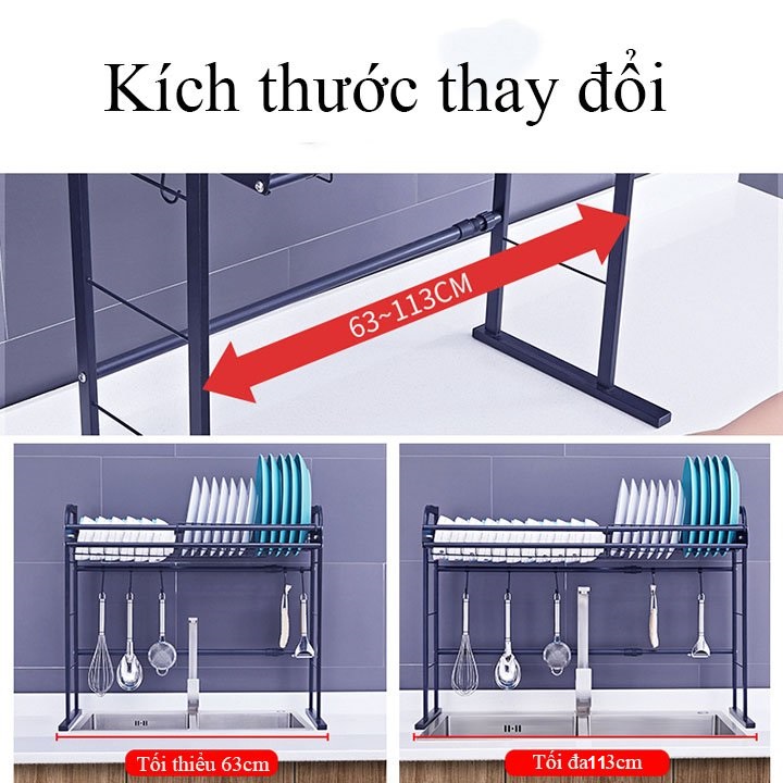 Kệ Úp Chén Bát Trên Bồn Rửa Điều Chỉnh Chiều Rộng Theo Diện Tích Sử Dụng - Giá Để Bát Inox Tặng Kèm Móc Treo Và Kệ Để Dao Đũa Thìa
