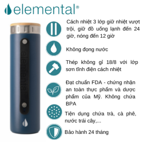 [Elemental chính hãng - Thương hiệu Mỹ] Bình giữ nhiệt Elemental Iconic Bamboo 590ml inox 304, giữ nhiệt vượt trội, an toan sức khỏe