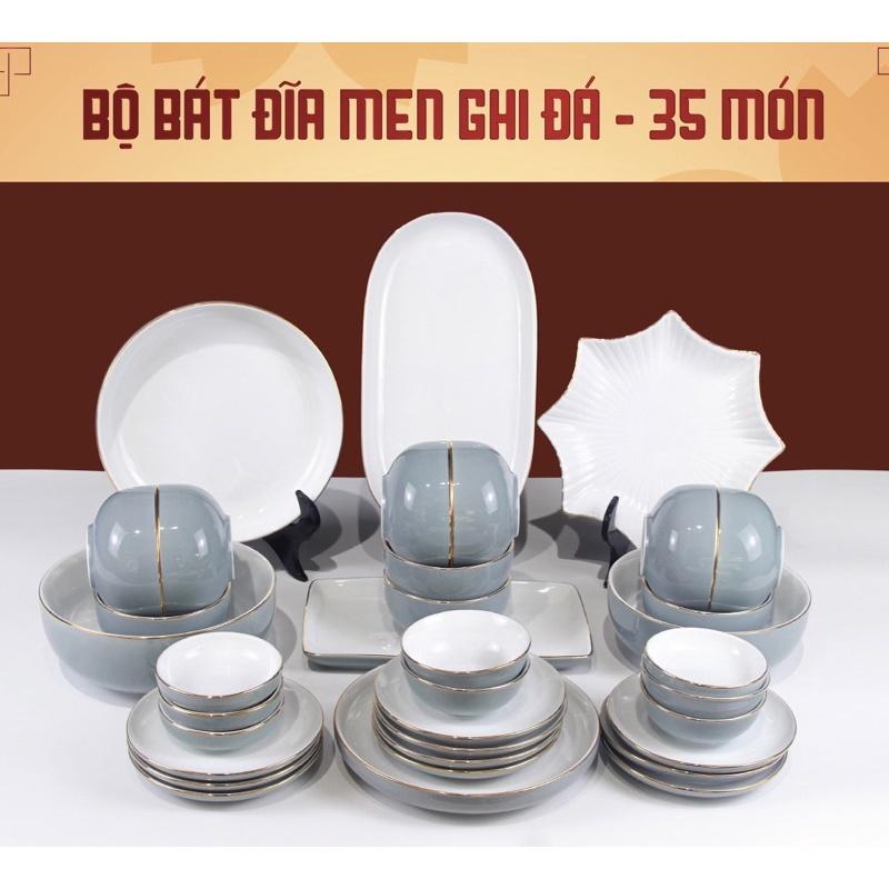 Bộ bát đĩa men ghi đá, viền vẽ vàng kim. Gốm sứ Bát Tràng cao cấp.