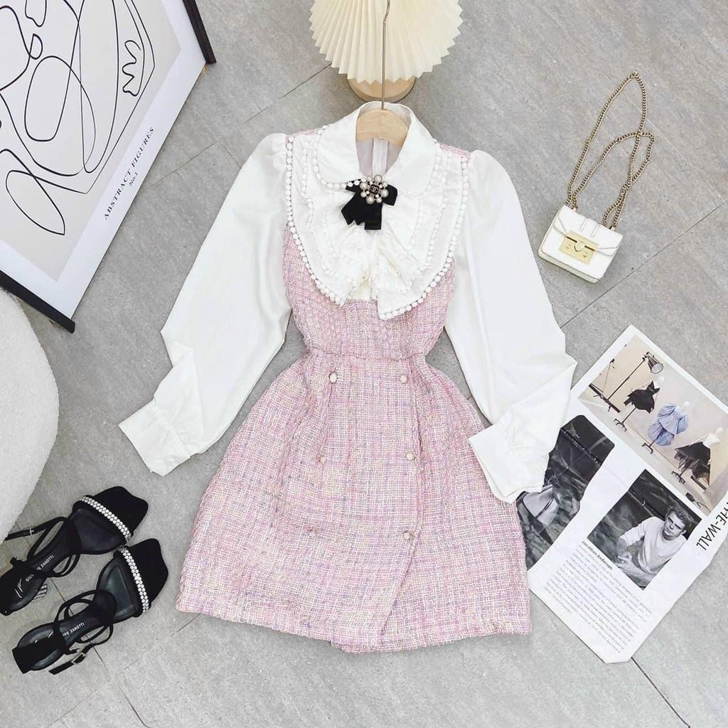 Đầm dạ bố hồng phối trắng tao nơ cổ váy ngắn xòe tay dài tiểu thư nina lê