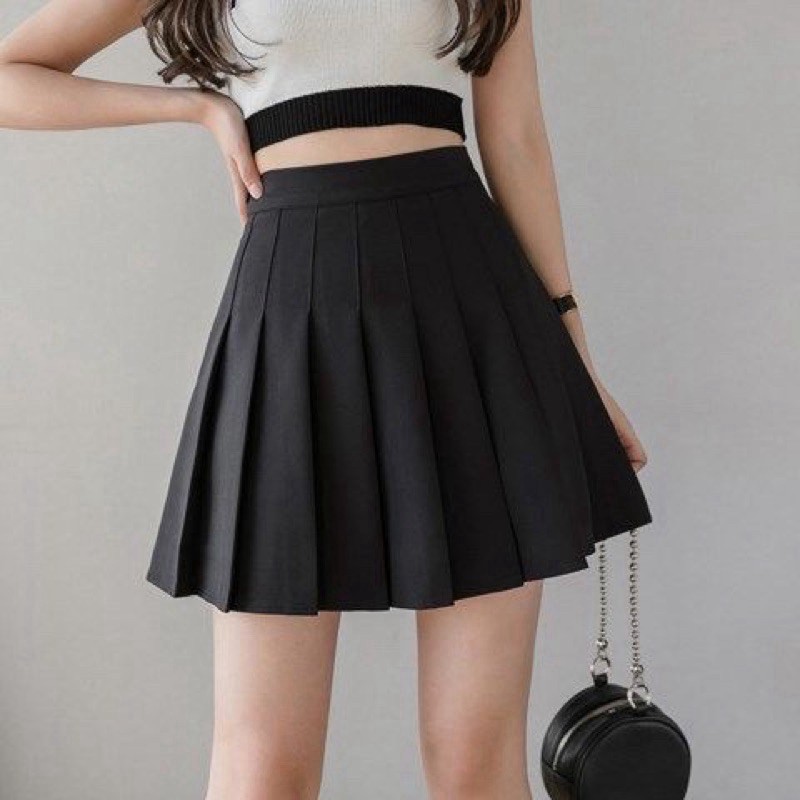 Chân váy tennis xếp li màu trắng &amp; đen xếp ly skirt cạp lưng cao ngắn chữ a phong cách