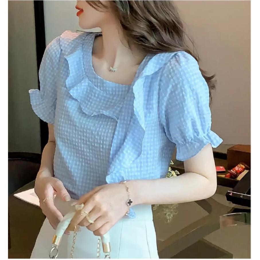 Áo Kiểu Cổ Xéo Phối Bèo Tay Phồng Chất Liệu Kate Xốp
