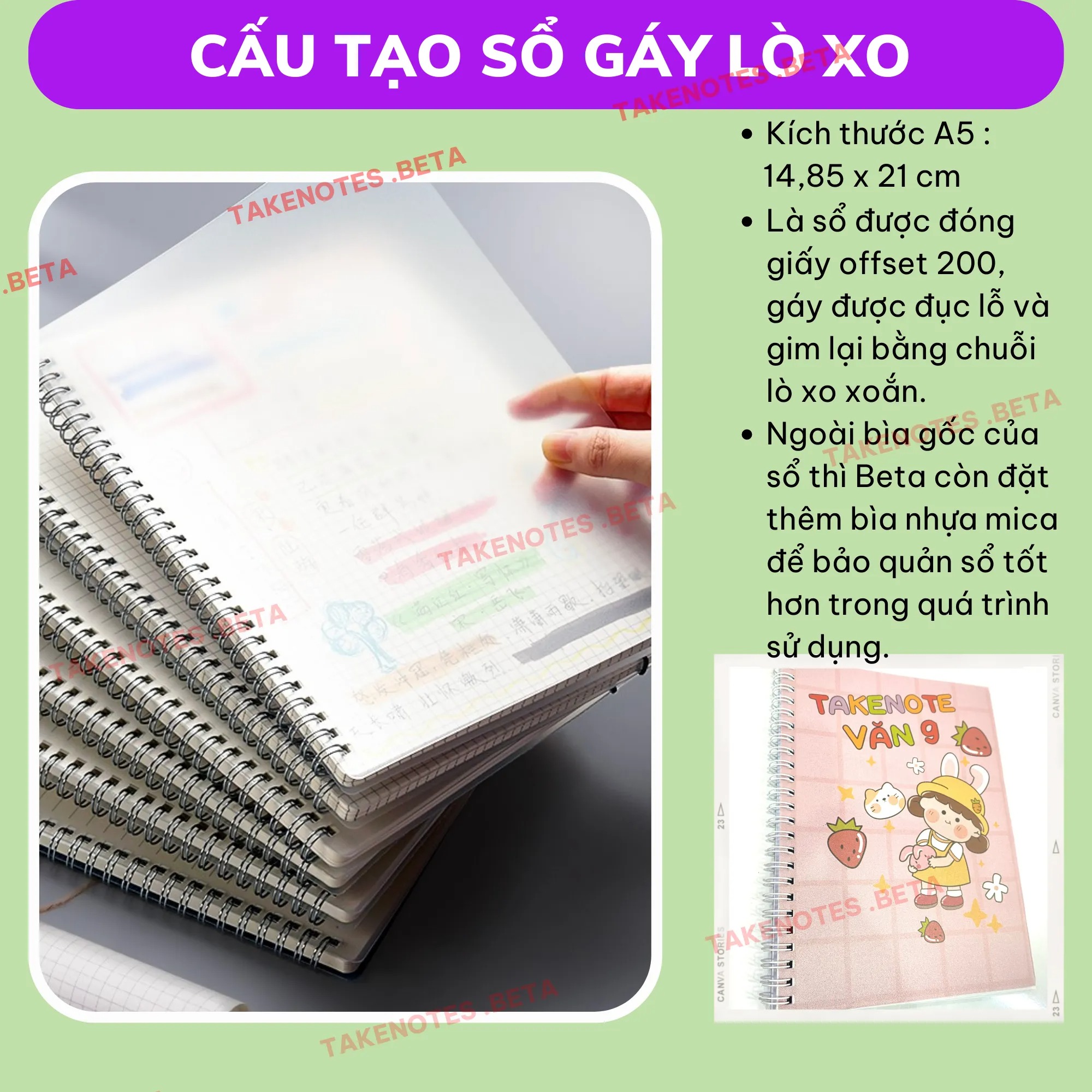 Sổ Takenote Văn 9 tổng hợp công thức trang trí sticker dễ hiểu- 2 loại sổ lò xo bìa trong Beta, sổ còng đóng Binder