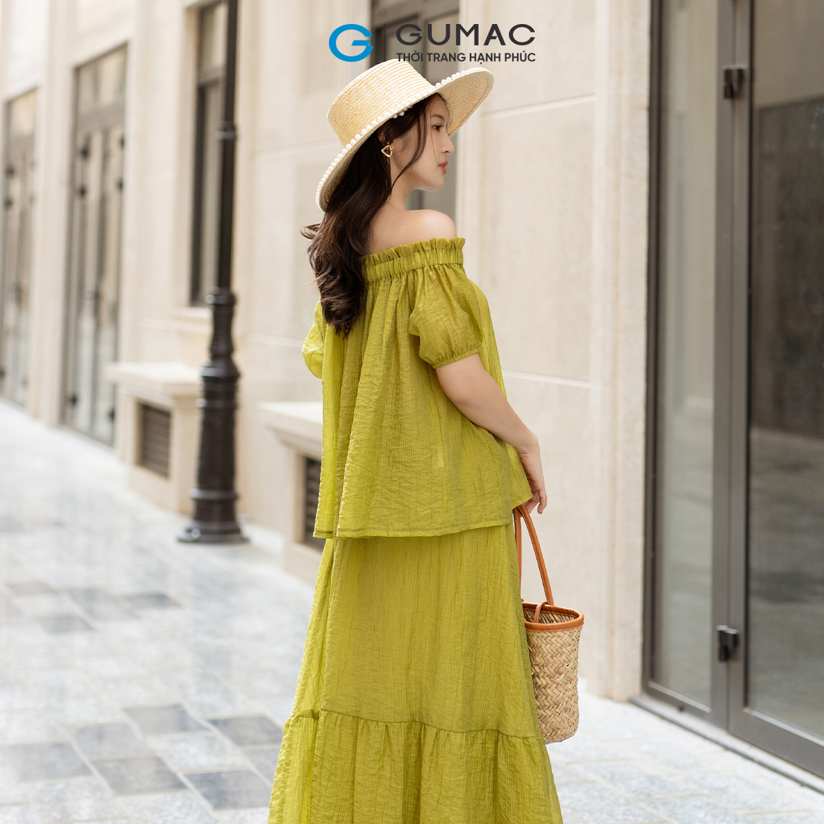 Set lẻ Áo trễ vai tay bí GUMAC AD05003 - Chân váy xòe lưng thun VD05005