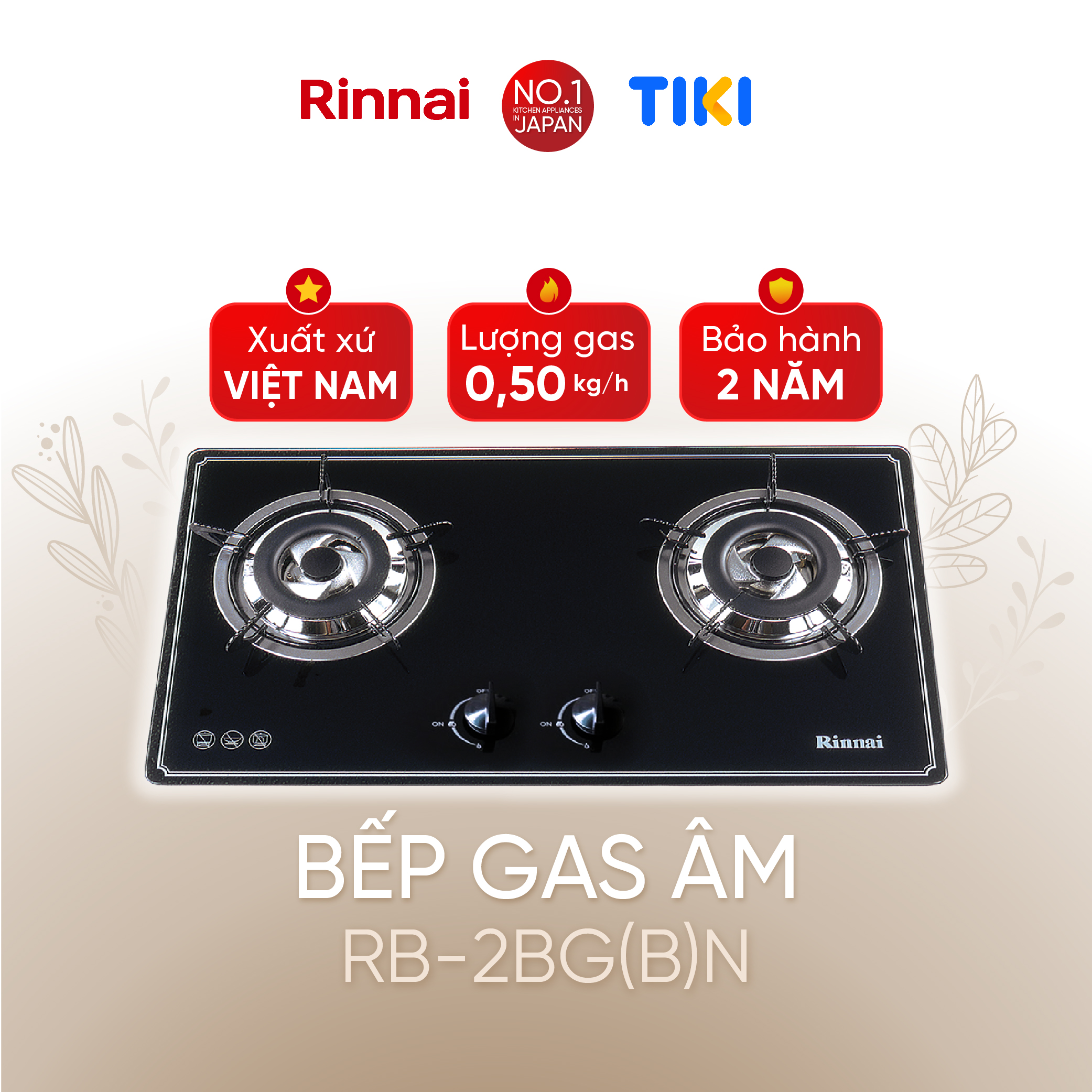 Bếp gas âm Rinnai RVB-2BG(B)N mặt bếp kính và kiềng bếp men - Hàng chính hãng.