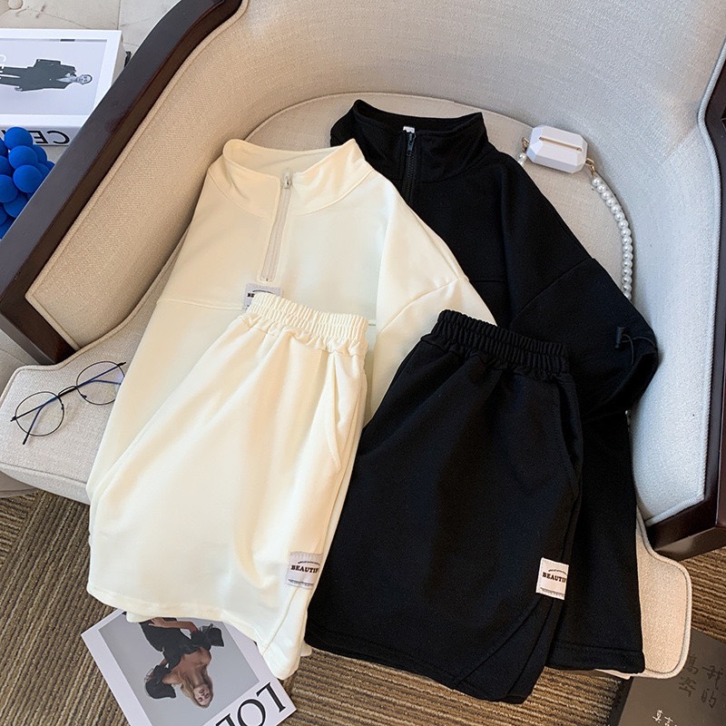Set đồ bộ nữ freesize mặc nhà áo thun polo tay lỡ khóa kéo cổ phông form rộng + quần đùi in logo SQL