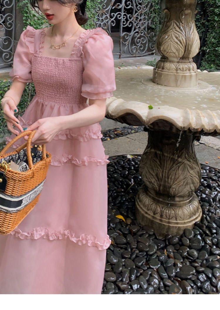 TOBE1SHOP Váy màu hồng nàng tiên Pháp ren Bouffant váy công chúa váy bánh váy lưới nàng tiên thắt lưng đầm