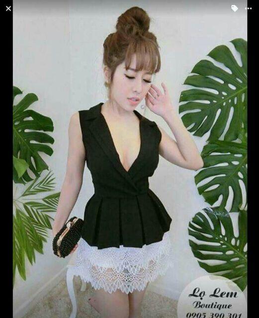 Sét vest đắp chéo váy ren gợn