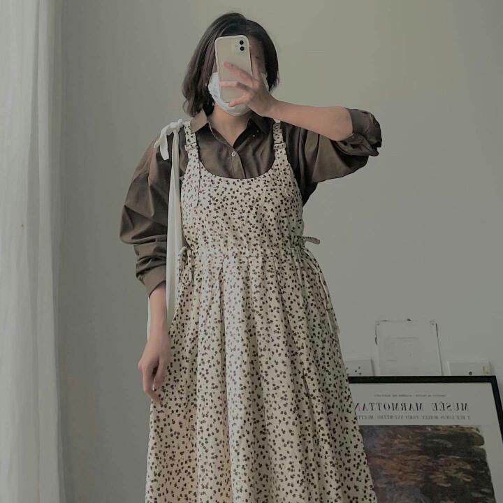 váy hoa nhí nâu be vintage
