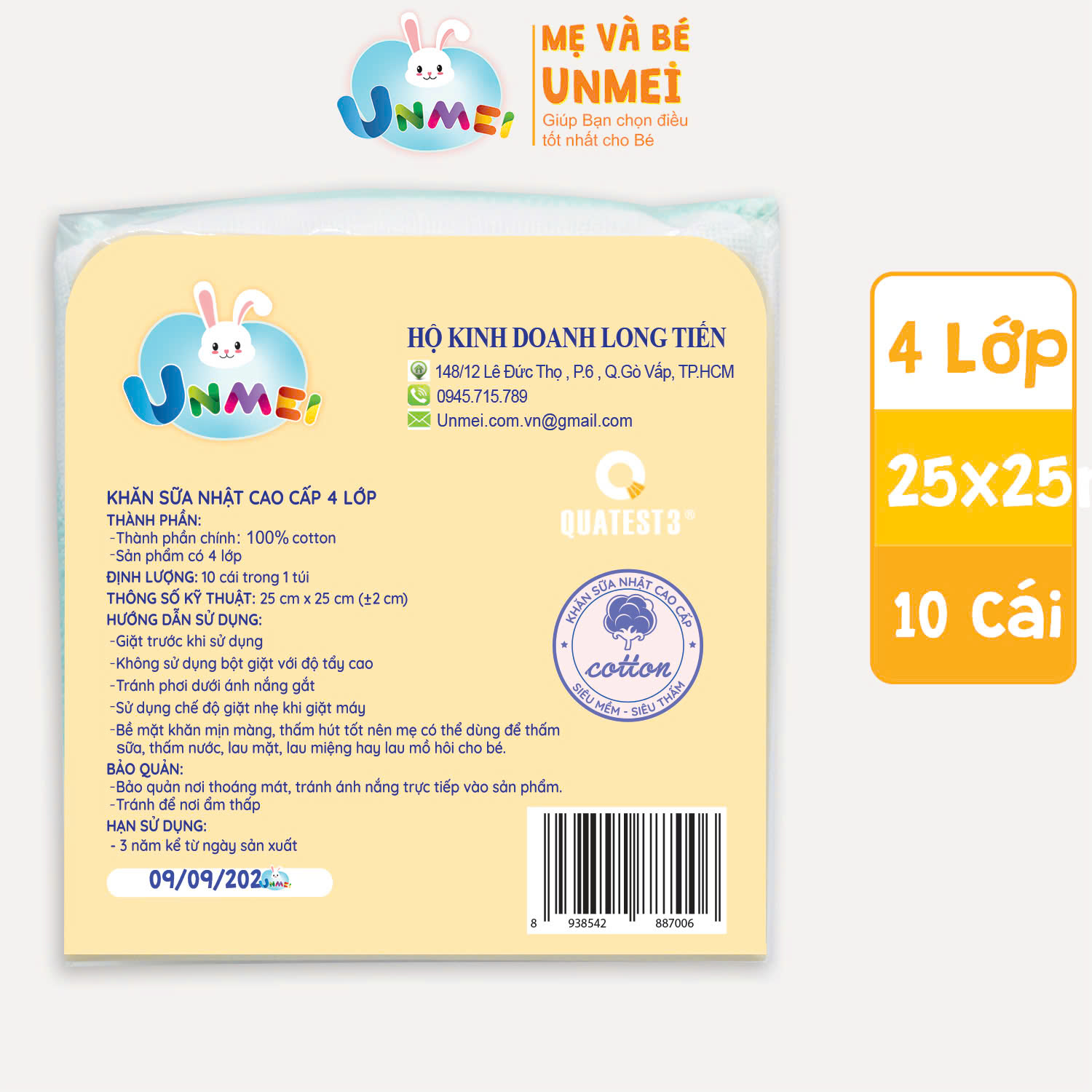 Bịch 10 Cái Khăn Sữa Unmei Xuất Nhật 100% Cotton, Dày 4 Lớp Dành Cho Bé Từ Sơ Sinh (Kích Thước 25x25cm)