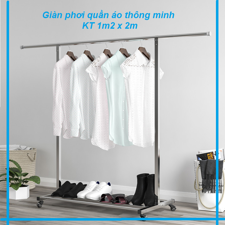 Giàn Phơi Quần Áo Thông Minh. Có Bánh Xe - Tùy Chỉnh Độ Dài Linh Hoạt - KT 1m2 x 2m