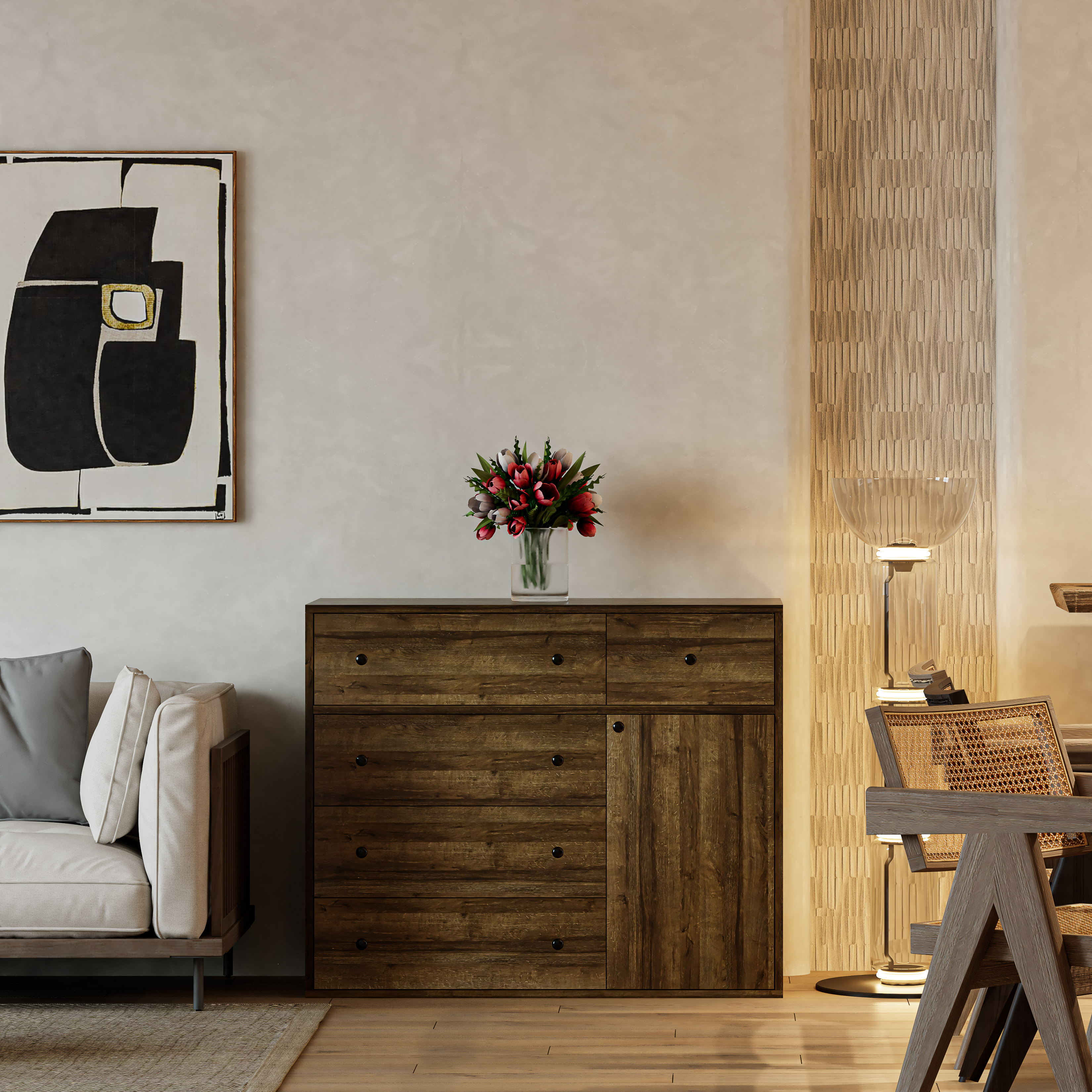 HAPPY FURNITURE , ZACY - Tủ lưu trữ 5 ngăn kéo 1 cửa mở, THK_218 , 100cm x 40cm x 82cm DxRxC, Sản phẩm phổ thông