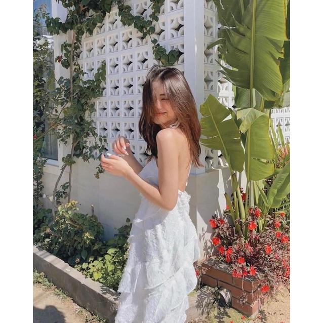 Váy Đầm cổ yếm lông vũ bèo tầng