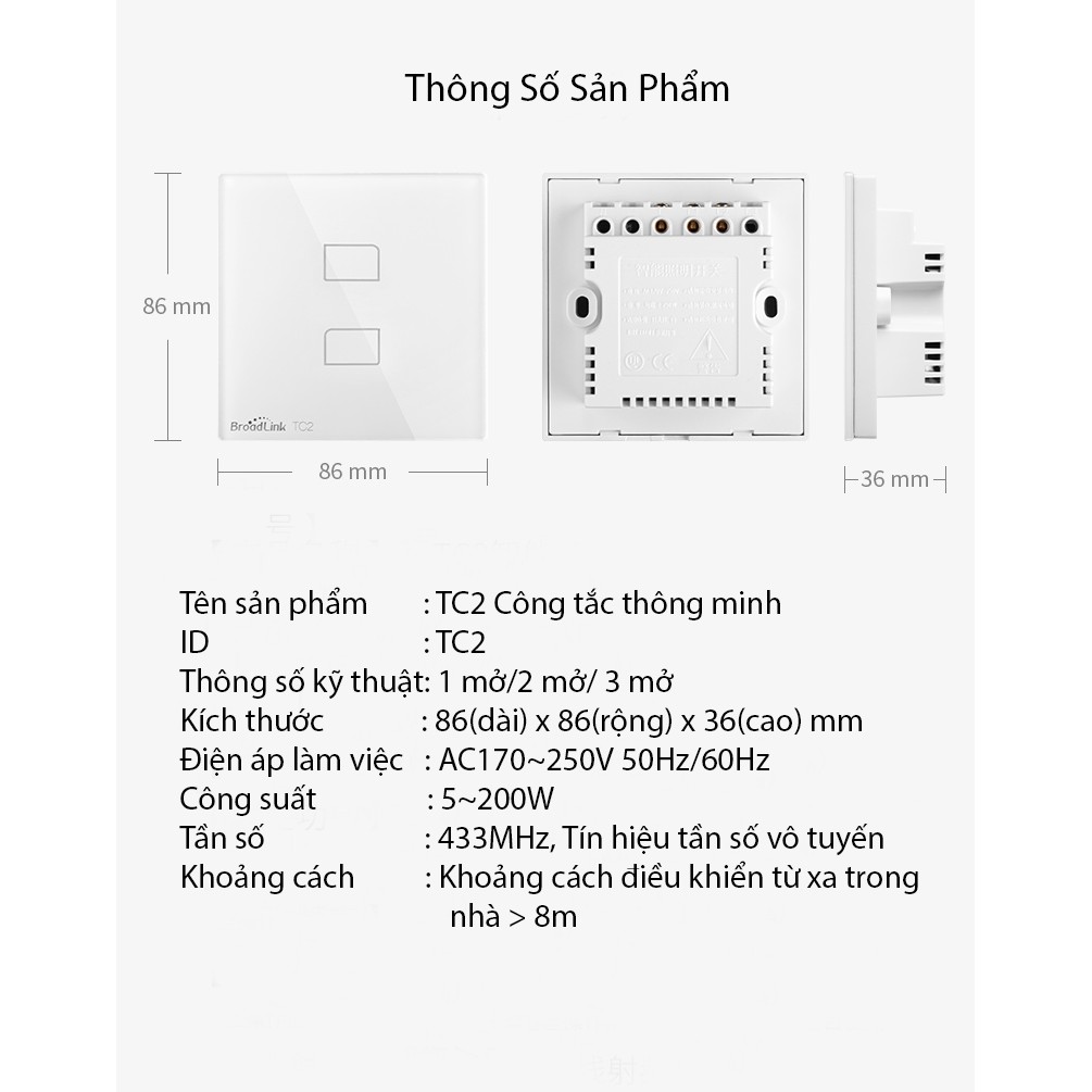 Công tắc cảm ứng, điều khiển từ xa TC2 1 Nút - TC2 WH/1-Gang - Mặt Vuông