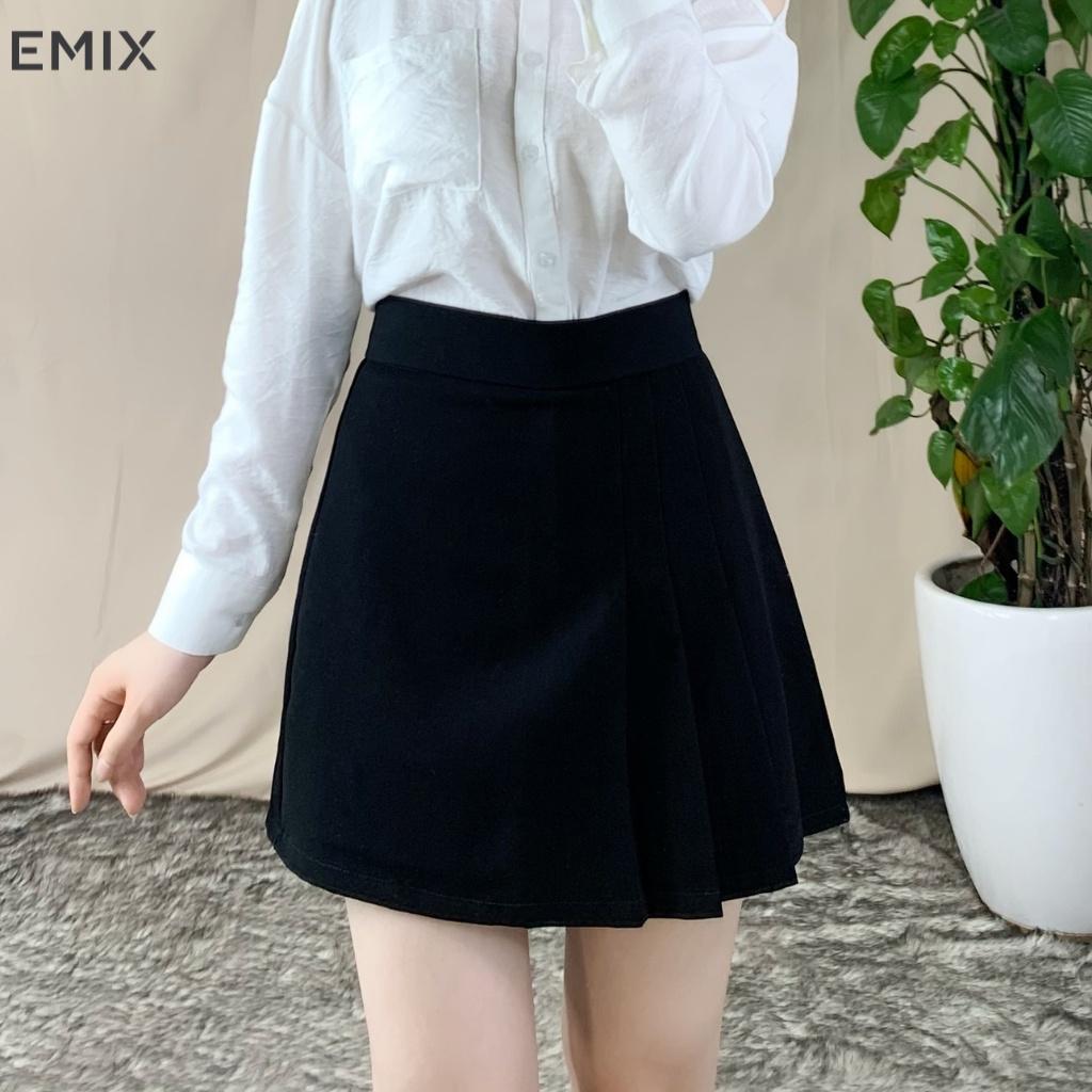 Chân váy chữ A 4 ly EMIX (màu đen), ulzzang, dáng ngắn, xếp ly, cạp cao, khóa sau, vải tuyết mưa, mềm mịn