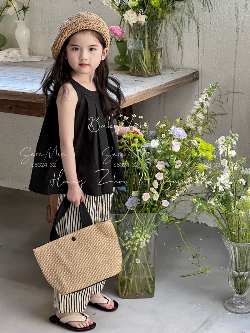 [Từ 1 đến 12 tuổi] Set tiểu thư đen quần dài thô cotton dễ mix đồ vô cùng bé gái đi chơi đi học