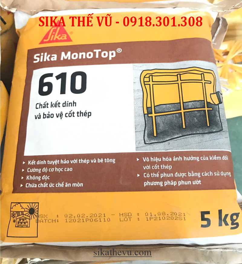 Vữa kết nối xử lý bảo vệ bê tông bị rỗ tổ ông-Sika Monotop 610 .