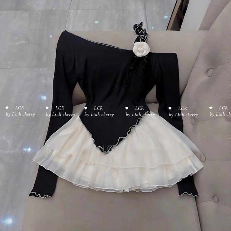 sét vây xoè tầng áo vạt xéo lệch vai nở hit hot BY JOLIE - Hồng, Hồng