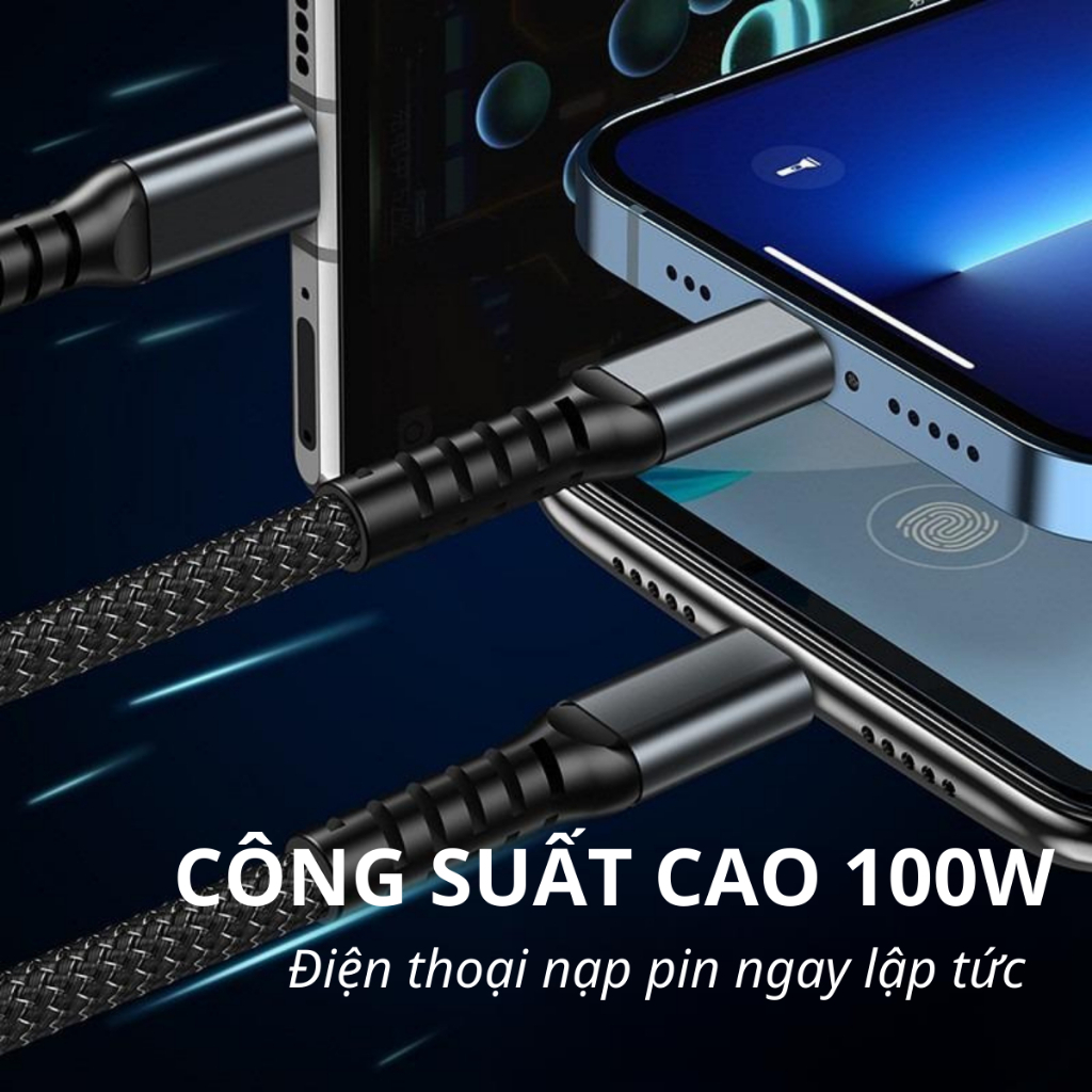 Dây Sạc 3 Đầu, Dây Sạc Nhanh 100W Với 3 Đầu Sạc Phù Hợp Với Nhiều Dòng Điện Thoại Dài Khoảng 1 Mét - Hàng Nhập Khẩu