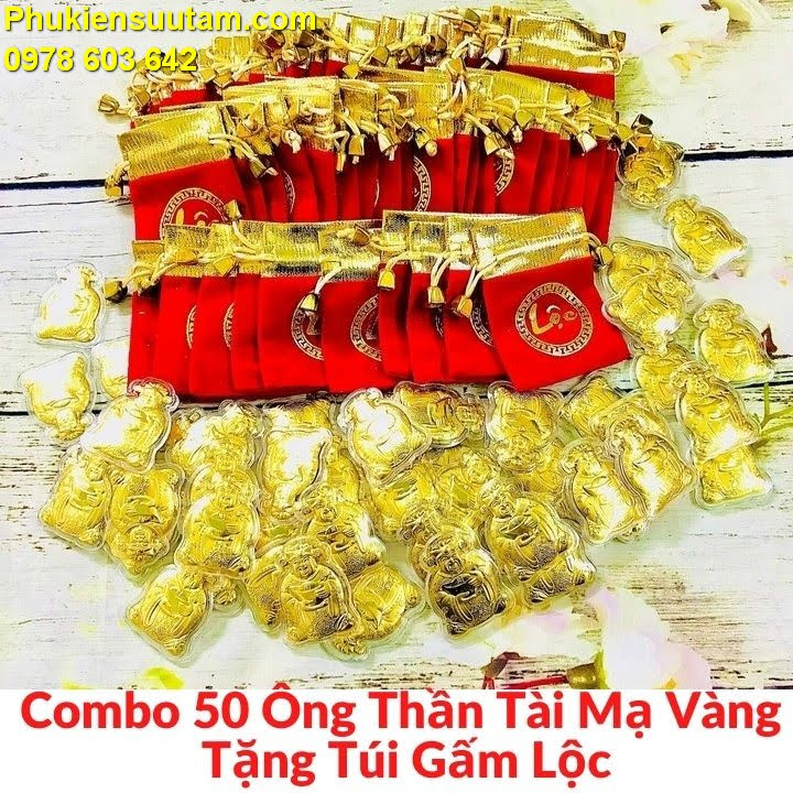 Combo 50 Ông Thần Tài Mạ Vàng Tặng Túi Gấm Lộc, Dùng để treo trong nhà, trên cây hoa mai, Làm quà tặng ý nghĩa dịp Lễ, Tết, kích thước 5 x 4cm, màu vàng - TMT Collection - SP005491
