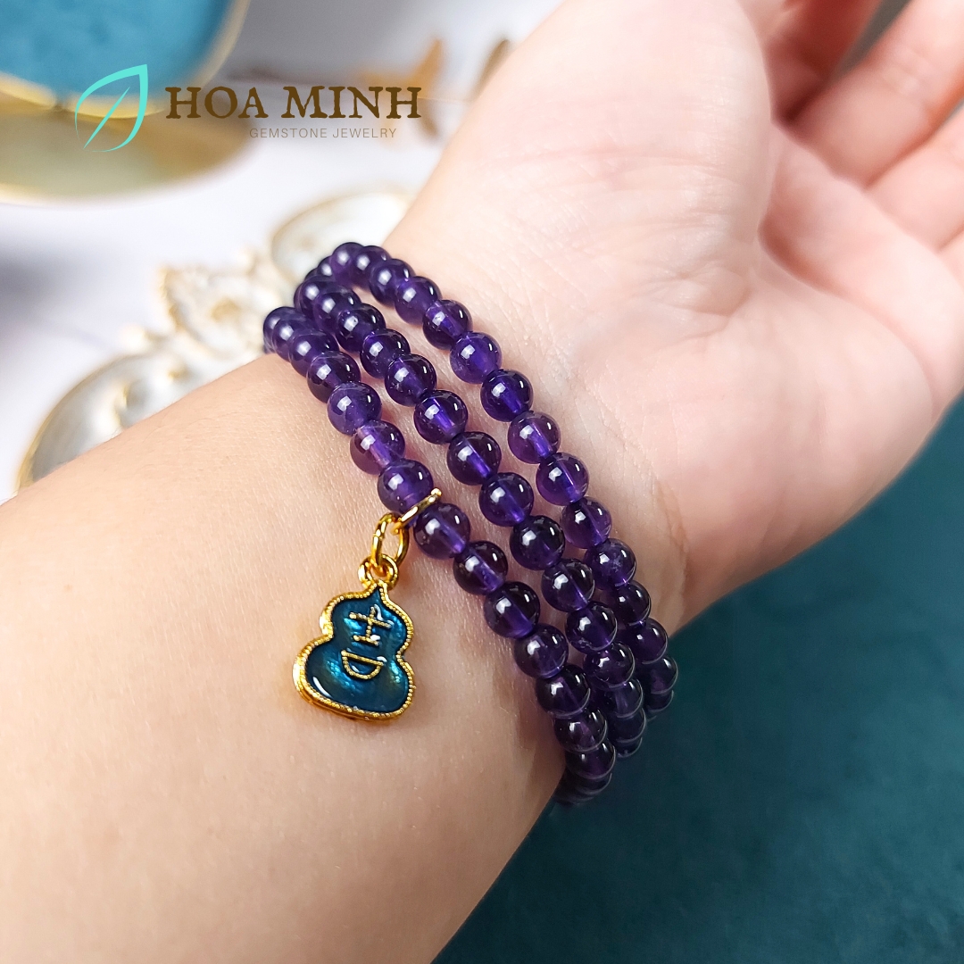 Vòng tay chuỗi 108 hạt Thạch Anh Tím Amethyst size 5.3 li tự nhiên phối charm túi tiền may mắn phong thủy mệnh Hỏa, Thổ