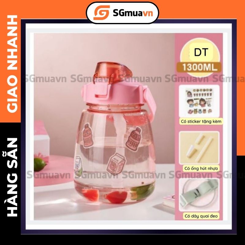 Bình nước 1.3l, bình nước thể thao nhựa trong suốt đủ màu dán sticker