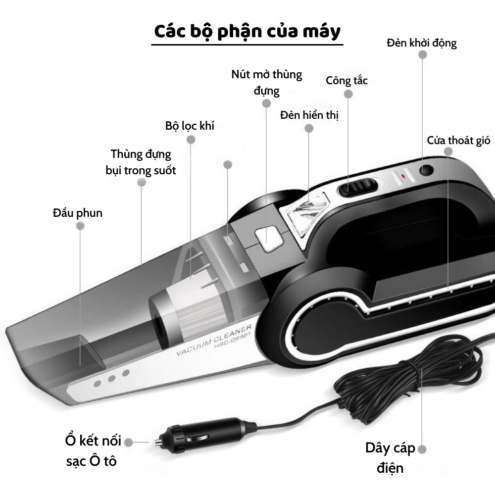 [Có sẵn] Máy hút bụi ô tô, máy bơm hơi ô tô cầm tay đa năng bốn trong một, đèn pin, đo áp suất công suất cao