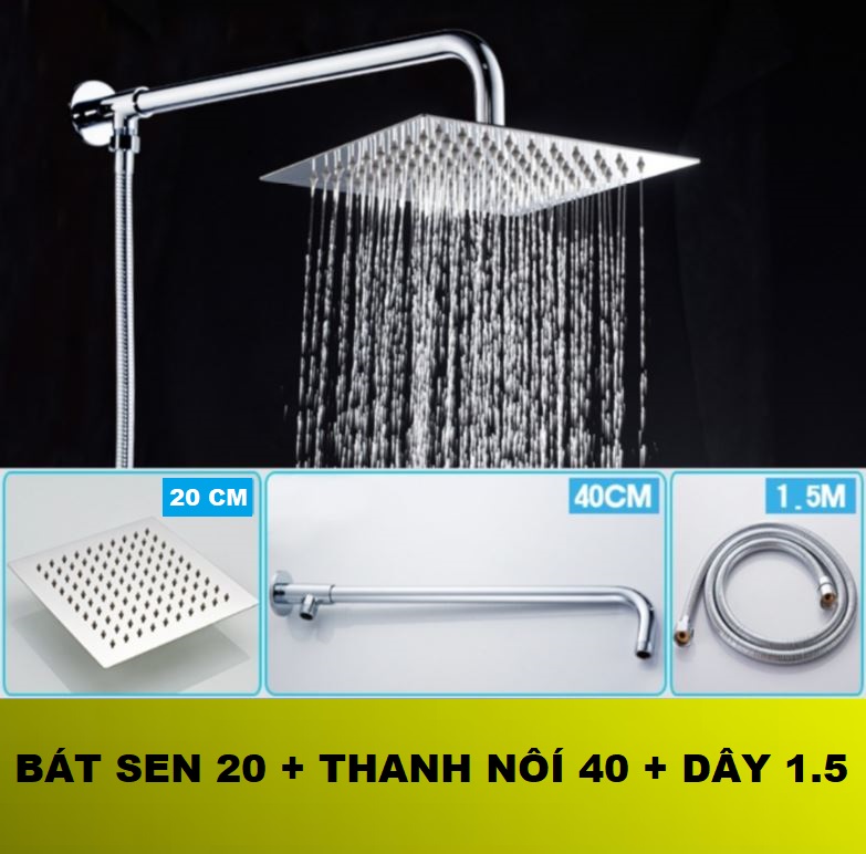 Đủ bộ bát sen VUÔNG  tắm đứng kèm dây nối bằng Inox sáng bóng tiện lợi gồm bát sen cần treo bát và dây sen