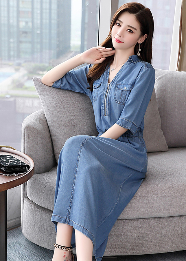 Đầm denim dáng dài phối dây kéo