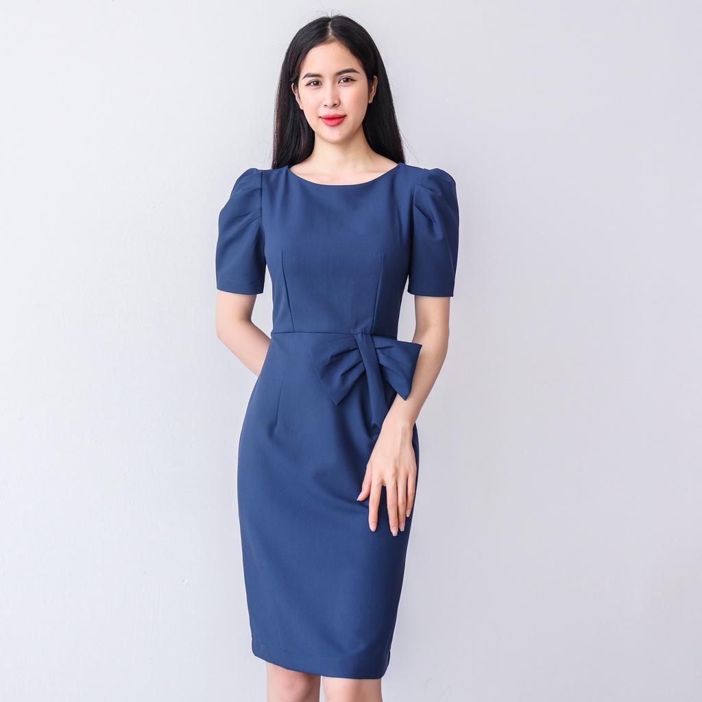 Đầm trung niên sang trọng cao cấp dáng body AMYRA, thiết kế dự tiệc ôm tay phồng nơ eo che bụng xanh navy cho mẹ DA161