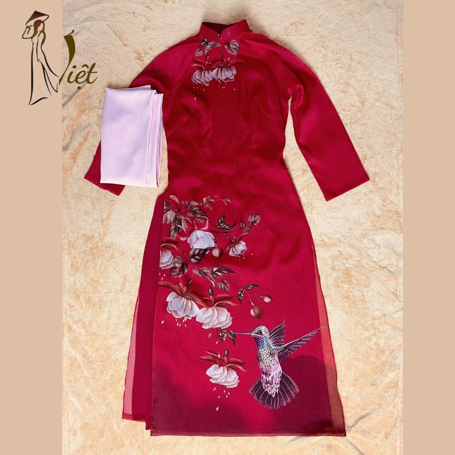 Áo dài cách tân nữ tết 4 tà tơ ánh màu đỏ và hồng