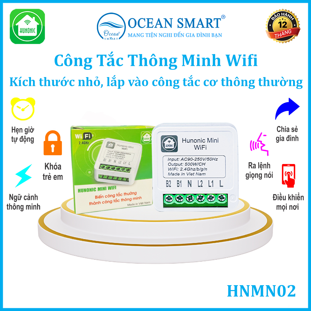 Công Tắc Thông Minh Wifi Hunonic Mini, Công Tắc Điều Khiển Từ Xa Qua Điện Thoại - HNMN02