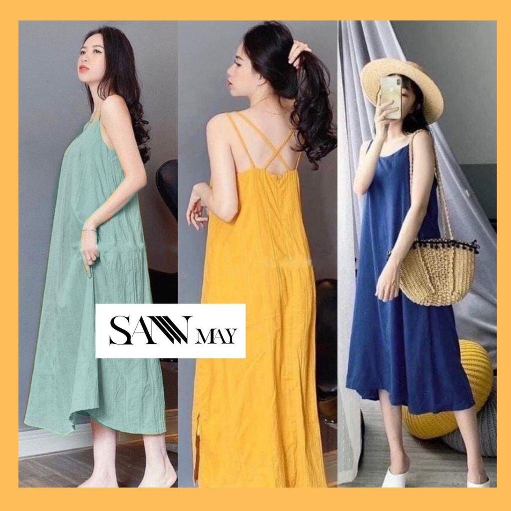 Đầm maxi 2 dây đi biển, váy maxi hai dây hở lưng, thiết kế suông dáng dài, chất liệu lụa linen. màu vàng, xanh VD010