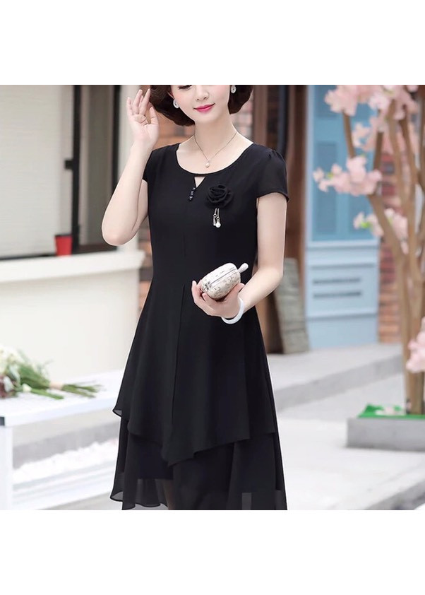 Đầm suông voan lụa 2 lớp đính hoa ngực
